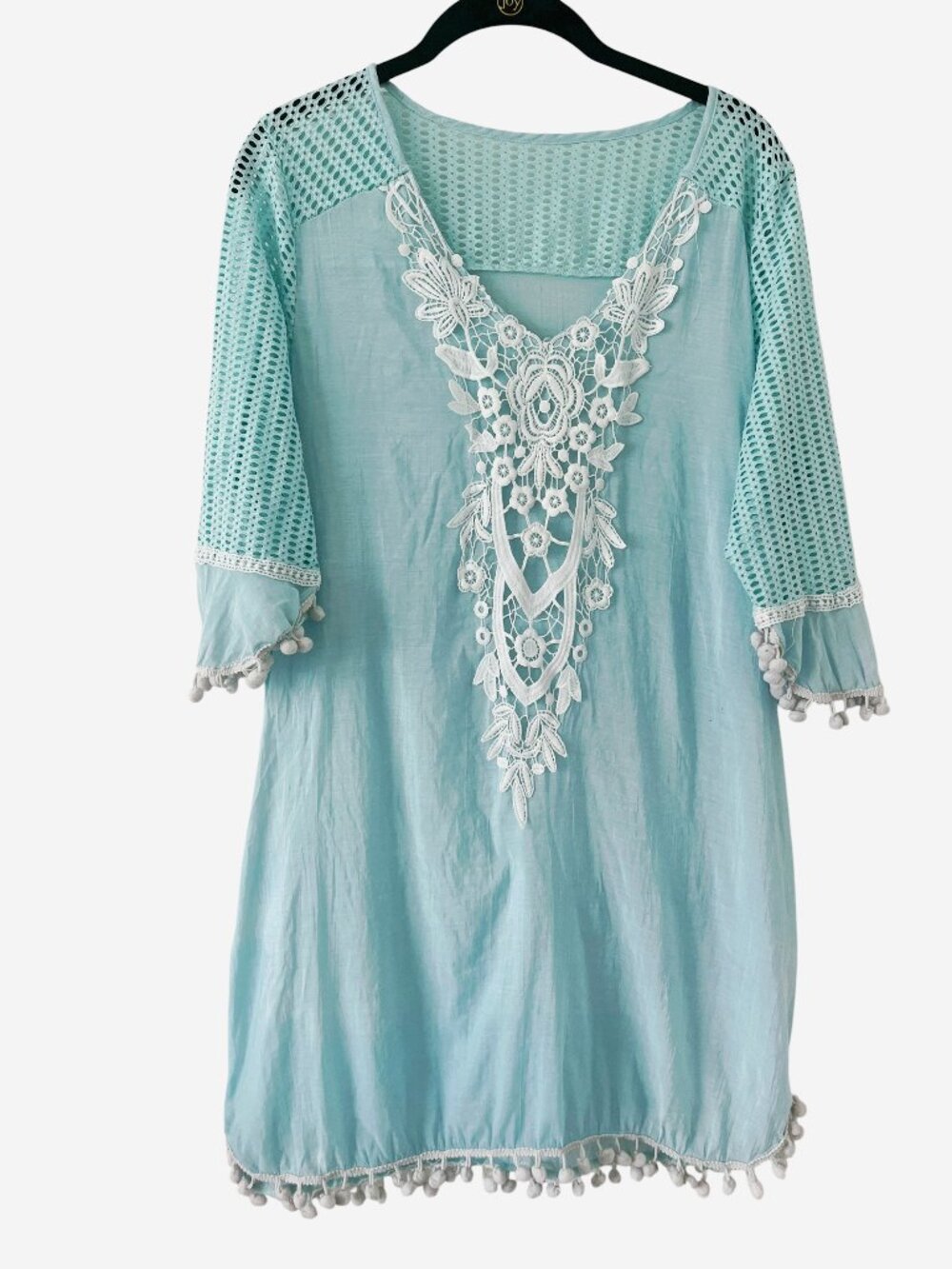 Swimsuit Coverup Pompom Lace Crochet V Neck Bathing Suit Dress 3/4 Sleeve M